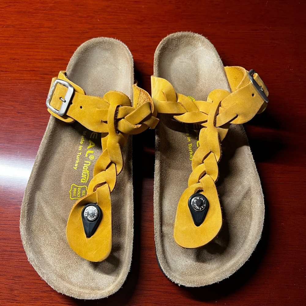 Mustard Yellow Braided leather Sandals with Buckle by Real